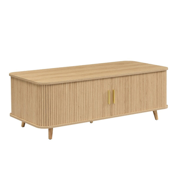 English Elm Modern Mid-century Coffee Table Tambour Doors Open Shelves Warm Wood Living Room Natural N770P333553N