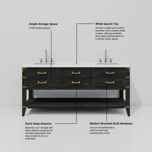 English Elm Black Oak Double Bath Vanity With 72" White Quartz Top, Faucets & 34" Mirrors For Modern Elegance B2731S02200