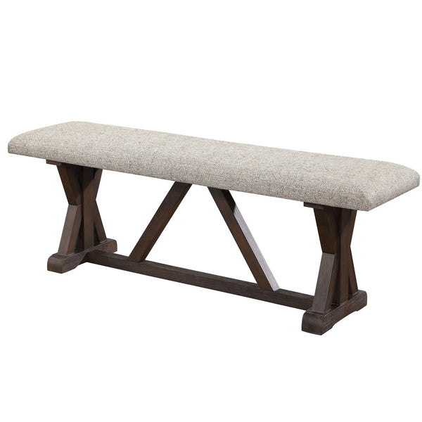 English Elm Grey Upholstered Bench with X Trestle Base, Grey & Rustic Brown Fabric, Oak Finish, Durable 60-inch Seating B062P209274