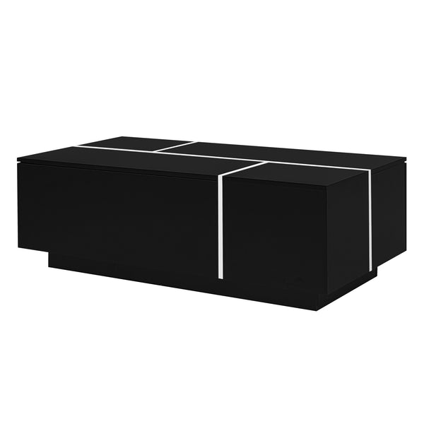 English Elm U-Can Extendable Coffee Table with Hidden Side Compartments and Dual Drawers, High-Gloss MDF Elegance Black N724P292070B