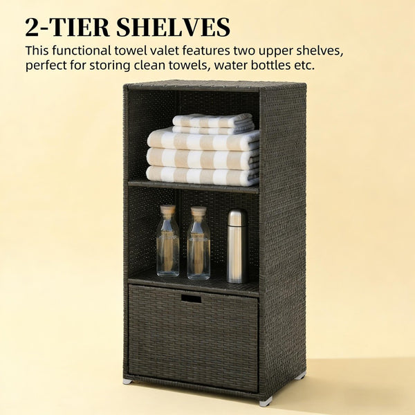 English Elm Outdoor Wicker Towel Rack Two Shelf Pe Rattan Poolside Storage for Patio or Bath Dark Brown T3971P486658