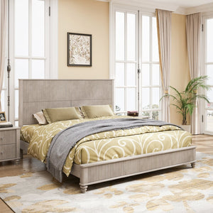 English Elm Solid Rubberwood Queen Platform Bed Tall Headboard Natural Grain No Box Spring W1716S00018