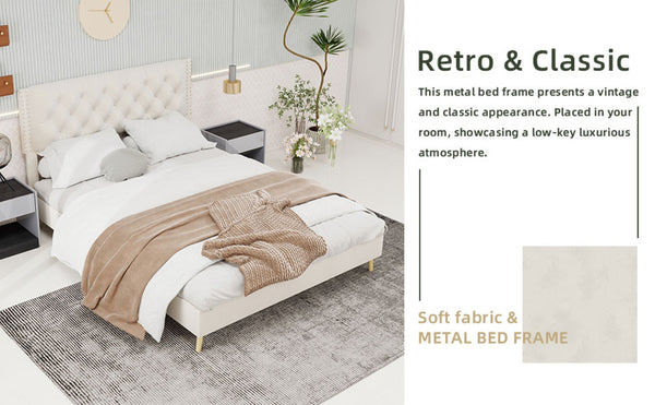 English Elm Velvet Tufted Queen Platform Bed Diamond Headboard for Elegant Master Bedroom W1935P361008