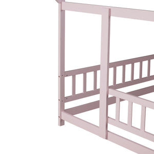 English Elm Full Size House Floor Bed With Roof Frame & Guardrails - Cozy Pink Wooden Design For Kids W504P286410
