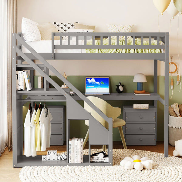 English Elm Twin Loft Bed with Staircase Desk Dual Drawers and Led Strip for Kids Rooms Gray LT000257AAE-1