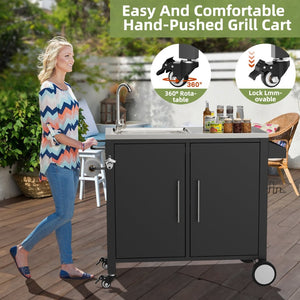 English Elm Outdoor Stainless Steel Grill Cart with Sink Cabinet and Lockable Swivel Wheels W3190P409412