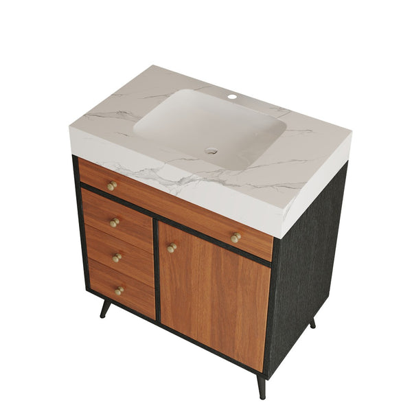English Elm 29.9" Floating Bathroom Vanity Sintered Stone Top Soft Close Drawers Bronze Gold Hardware Black,Brown,Gold,White W3136S00046