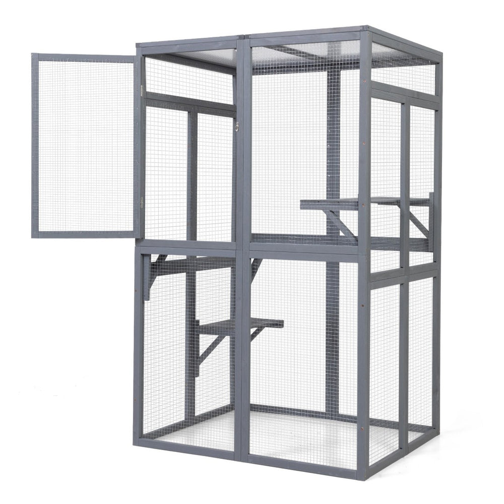 English Elm Wooden Pine Catio Outdoor Cat Enclosure with Hammock Platforms and Rain Shelter Roof W2181P191343