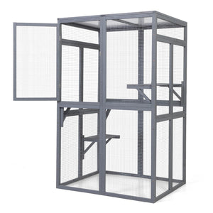 English Elm Wooden Pine Catio Outdoor Cat Enclosure with Hammock Platforms and Rain Shelter Roof W2181P191343