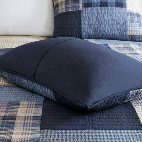 English Elm 3-piece Patchwork Cotton Quilt Set Navy Denim Plaid Coastal Bedroom Bedding B035P463257