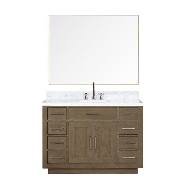 English Elm Grey Oak Single Bath Vanity Set With Carrara Marble Top, Faucet, And 46" Frameless Mirror Included B2731S01964