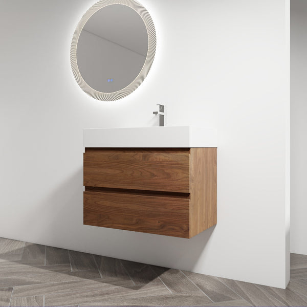 English Elm 30" Wall-Mounted Bathroom Vanity With Resin Sink, Soft-Close Drawers & Eco-Friendly Design Options W999S00200