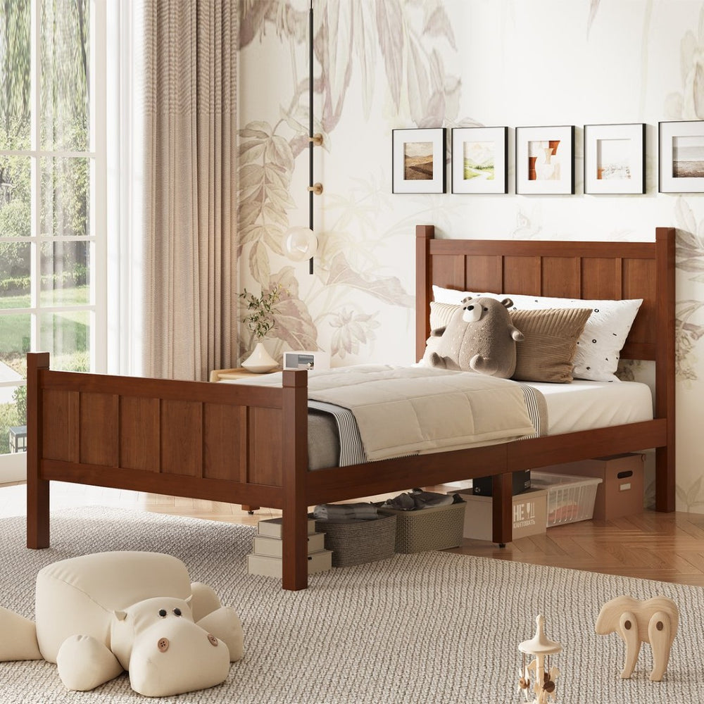English Elm Twin Platform Bed Vertical Slat Headboard Farmhouse Shaker Wood Grain Finish Bedroom Dark Walnut N733P422478P