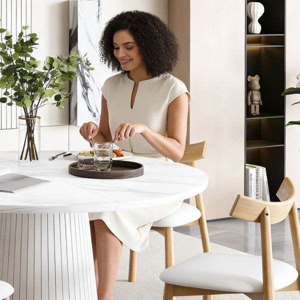 English Elm Retractable Rock Slab Dining Set with Leather Wrapped Base for Compact Apartments White W2700S00127