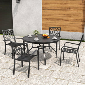 English Elm "round Faux Wood Slat Top Outdoor Dining Table 47 Inch Iron Base Patio Garden Black W3979P402407