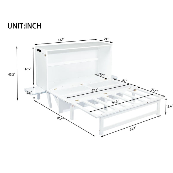 English Elm Queen Murphy Cabinet Bed Solid Pine Build with Usb Charging and Fold Out Desktop White W504S00168