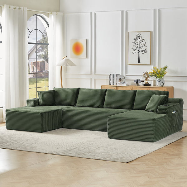 English Elm Compressible U-Shaped Sectional Sofa Set - Modular Green Corduroy Couch For Stylish Living Spaces W2339S00055