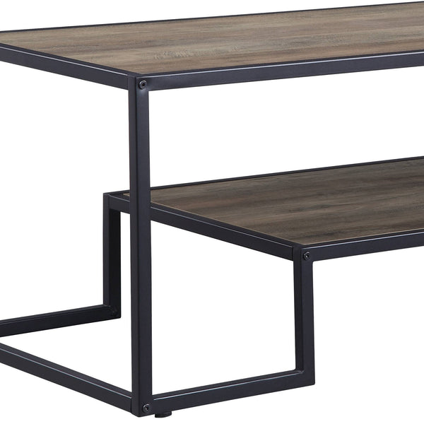 English Elm Idella Industrial Rustic Oak Coffee Table with Black Metal Frame, 1-Tier Shelf, Durable PU Top B2726P287757