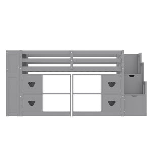English Elm Twin Kids Low Loft Bed with Stair Drawers Built-in Led Shelving and Bear Handles W697S00040