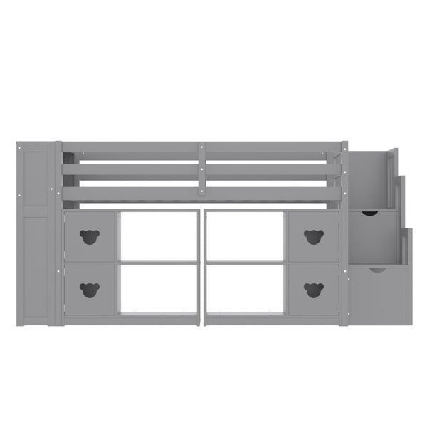 English Elm Twin Kids Low Loft Bed with Stair Drawers Built-in Led Shelving and Bear Handles W697S00040