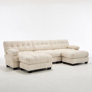 English Elm U Shaped Modular Cloud Sectional Deep Seat Flannelette Sofa with Rounded Bolster Armrests Beige W2120S00041