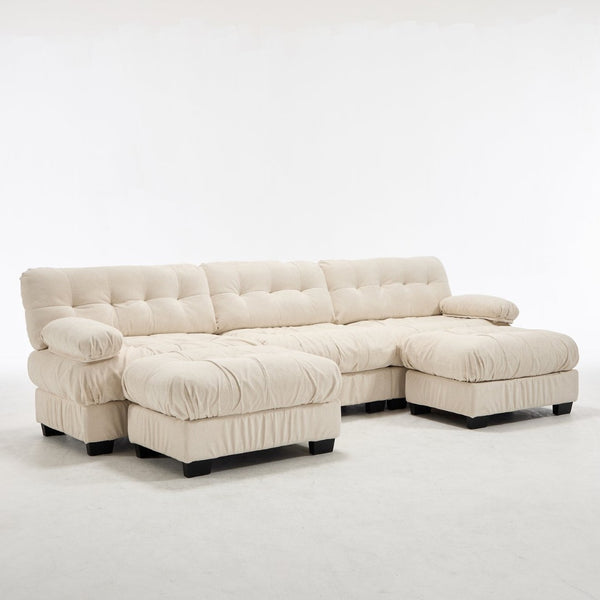 English Elm U Shaped Modular Cloud Sectional Deep Seat Flannelette Sofa with Rounded Bolster Armrests Beige W2120S00041