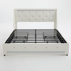 English Elm Queen Platform Bed Wingback Diamond Quilted Headboard Led Lighting Storage Drawers White W5722P462686