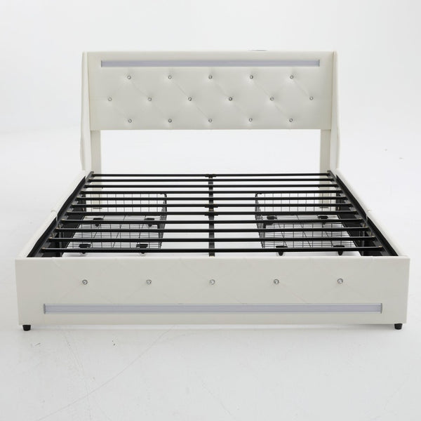 English Elm Queen Platform Bed Wingback Diamond Quilted Headboard Led Lighting Storage Drawers White W5722P462686