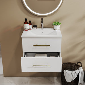 English Elm 24-Inch Wall-Mounted Vanity With Ceramic Sink, Dual Drawers, Gold Handles, Space-Saving Design W3151S00038