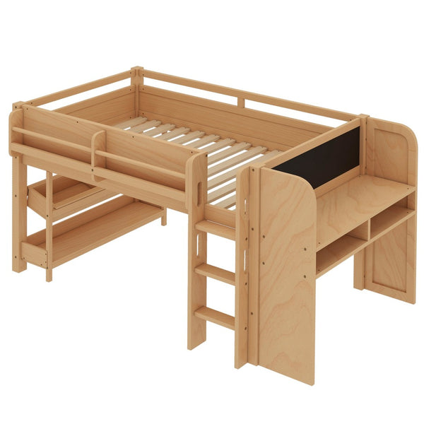 English Elm Twin Low Loft Bed Solid Pine Frame Kids Study Desk Blackboard Storage White W1580S00574