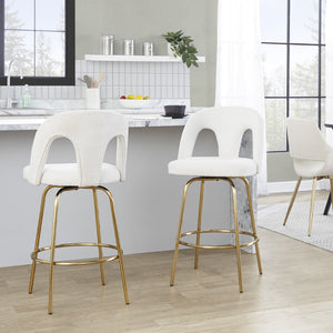 English Elm Fixed-height Swivel Counterstools with White Upholstery Gold Footrest Set of 2 B202S01782