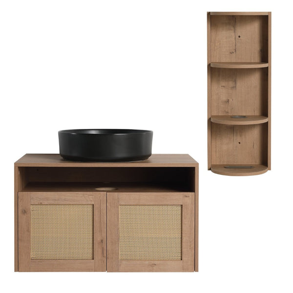 English Elm 30" Floating Bathroom Vanity Oak Finish Ceramic Vessel Sink Soft Close Plywood Cabinet W999S00502