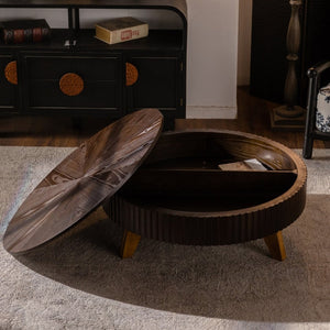 English Elm 39.37" Round Retro Coffee Table with Storage Mdf Top Solid Wood Legs Living Room W757P379484
