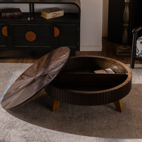 English Elm 39.37" Round Retro Coffee Table with Storage Mdf Top Solid Wood Legs Living Room W757P379484