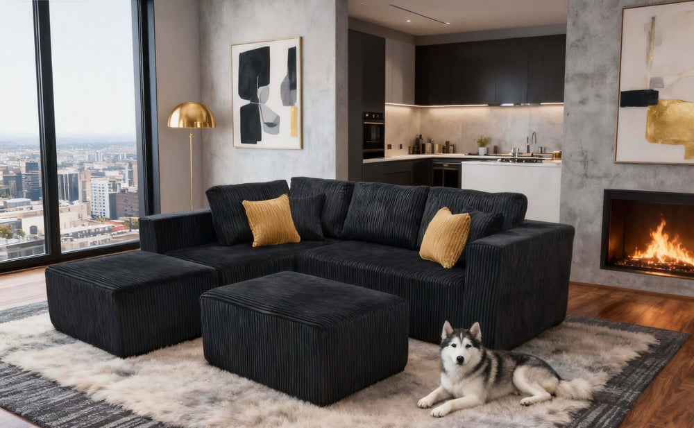 English Elm Full Corduroy Sectional Sofa with Two Moveable Ottomans Ready to Use Straight From Box Black B2748S00060