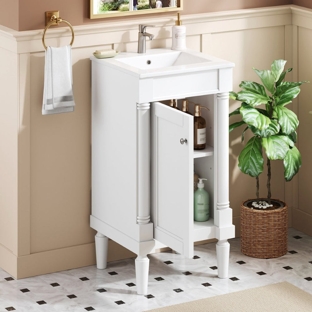 English Elm 18" French Style Vanity with Ceramic Sink Soft Close Door and Adjustable Shelf White N710P415332K