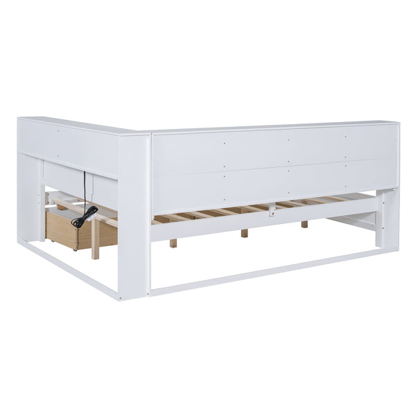 English Elm Wooden Full Size DayBed with Trundle, Pine Frame, Dual Storage Shelf and Built-in USB Charging Ports White 57.7 L x 16.25 W x 6.7 H N733S347772K