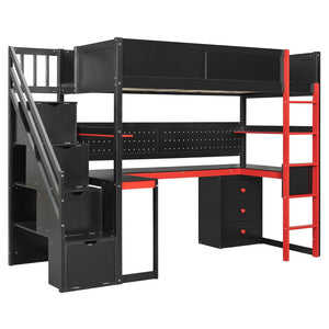 English Elm Full Size Gaming Loft Bed with Led Lighting Desk Shelves and Usb Charging Ports N820S00070J