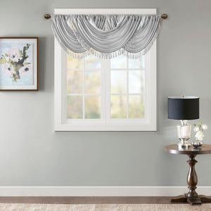 JLA Home Madison Park - Faux Lustrous Silk Waterfall Valance with Tassel Trim, OEKO-TEX Certified Draped Accent for Windows Silver MP41-7410