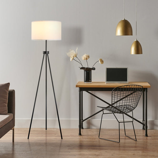 English Elm HOMCOM Tripod Floor Lamp 59.75" with Pull Chain, Black Fabric Shade, E26 Socket, Stable Steel Design W2225P217293