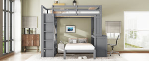 English Elm Full Solid Wood Loft Bed with Removable Lower Bed, Built-In Desk, Shelves & Wardrobe for Space-Saving Designs Grey W1580S00212