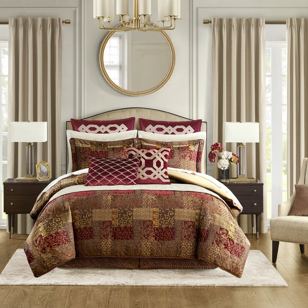 English Elm 4 Piece Brown Comforter Set - Elegant Jacquard Patchwork Design For Cozy Queen Bedroom Decor B035128749