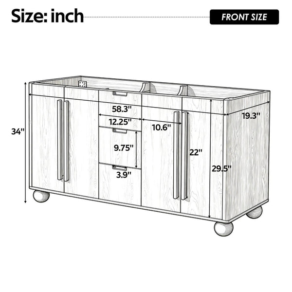 English Elm [cabinet Only] 58 Inch Double Sink Vanity Base Wood Grain Mdf Soft Close Storage N759S425429N