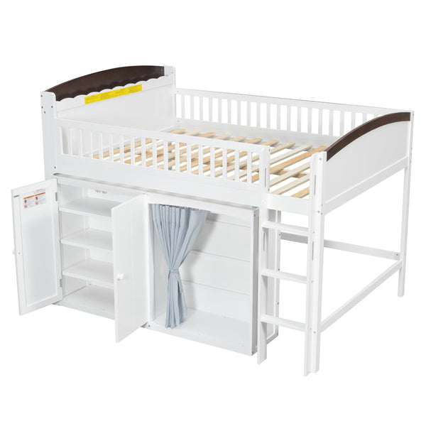 English Elm Twin Loft Bed with Wardrobe Cabinet Led Lighting and Pine Frame for Kids Rooms White N7090002236K