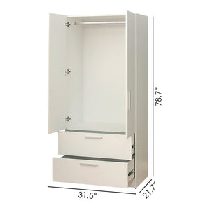 English Elm Emma Two-Door Wood Closet in White with Deep Drawers, Hanging Bars, Water/Heat Resistant Finish B040S00007