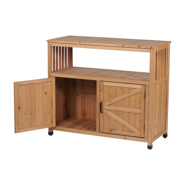English Elm Wooden Solid Bar Height Buffet Cabinet with Slatted Panels for Patio or Dining Room W2640P330336
