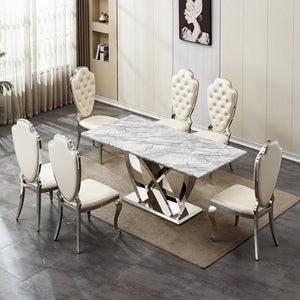 English Elm Marble Dining Table For 6 - Modern Grey Faux Marble Top With Chrome Base, Stylish & Versatile Design W3456S00023