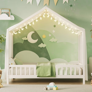 English Elm Montessori House Bed Frame Twin with Canopy & Full Guardrails, Cozy Kids Platform Bed for Toddlers White 81.5 L x 16 W x 6.6 H N733P356043K