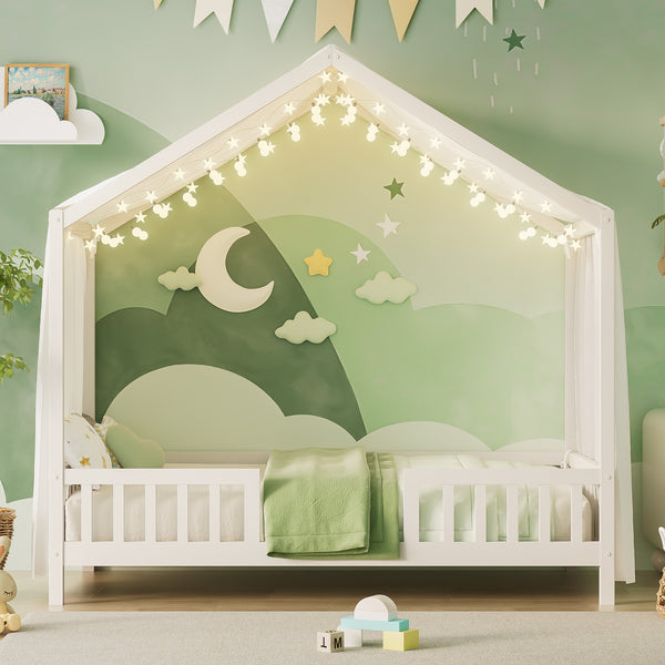 English Elm Montessori House Bed Frame Twin with Canopy & Full Guardrails, Cozy Kids Platform Bed for Toddlers White 81.5 L x 16 W x 6.6 H N733P356043K