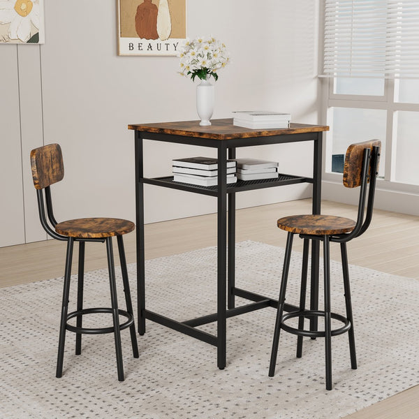 English Elm Bar bar table set with 2 rustic brown stools and backrests, sturdy iron & particleboard, 300/350lbs capacity W57868881